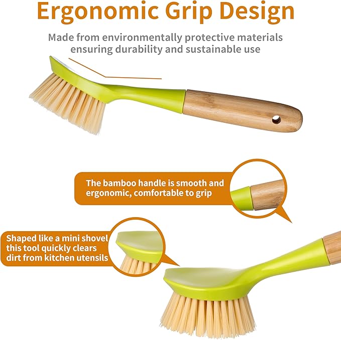 2 Pack Kitchen Dish Brush Bamboo Handle Dish Scrubber Built-in Scraper, Scrub Brush for Pans, Pots, Kitchen Sink Cleaning, Dishwashing and Cleaning Brushes are Perfect Cleaning Tools, Color-Green
