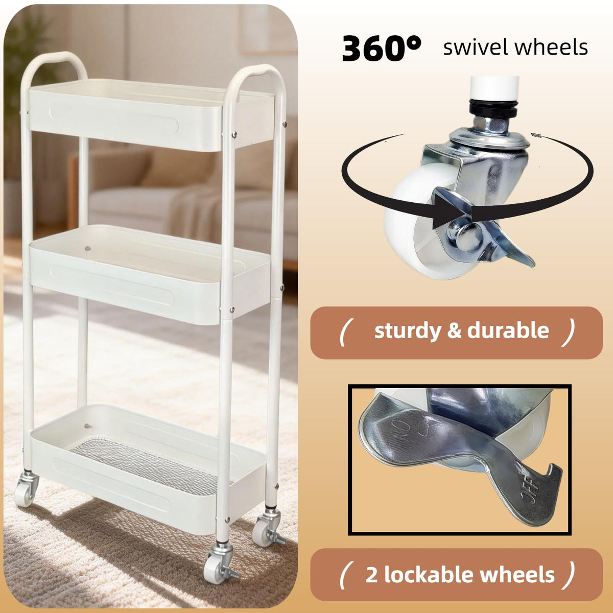 LIWNYRK 3 Tier Narrow Rolling Storage Cart for Laundry Room Bathroom Kitchen, 7.1'' Slim Utility Cart with Wheels and Lockable Casters Standing Shelf for Small Space & Between Washer and Dryer, White