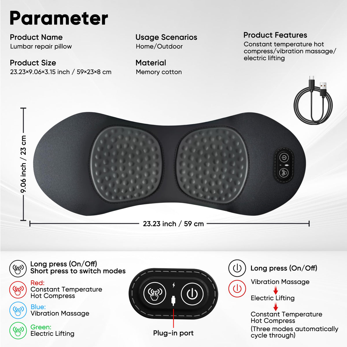 3 in 1 Electric Lumbar Support Pillow with Adjustable Height for Bed and Chair,Back Massager with Heat,Back Support Pillow for Lower Back Pain Relief,Waist Wedge Bolster (Black)