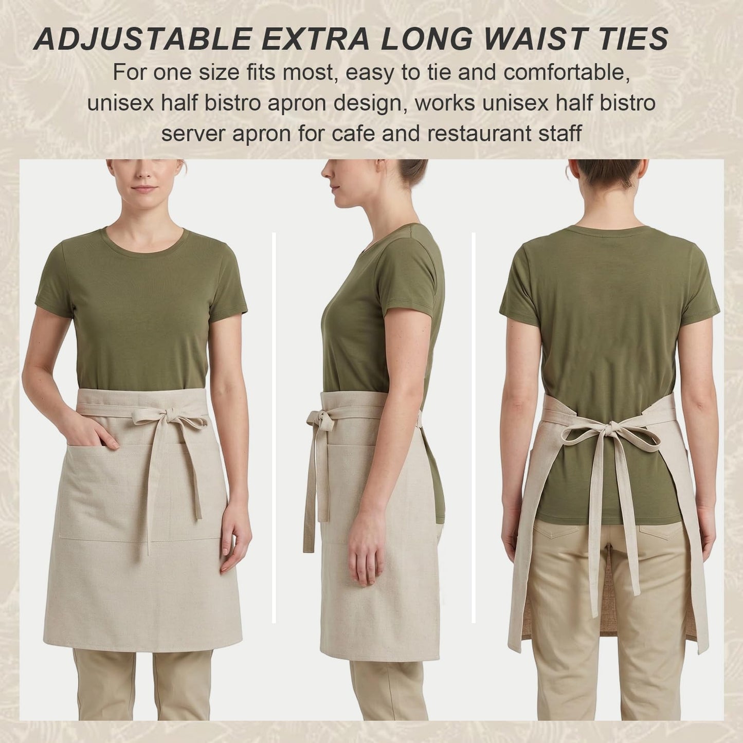 Cityelf Half Apron for Women Men Cotton Linen with 2 Large Pockets Waist Short Bistro Server Aprons Waiter Waitress Unisex