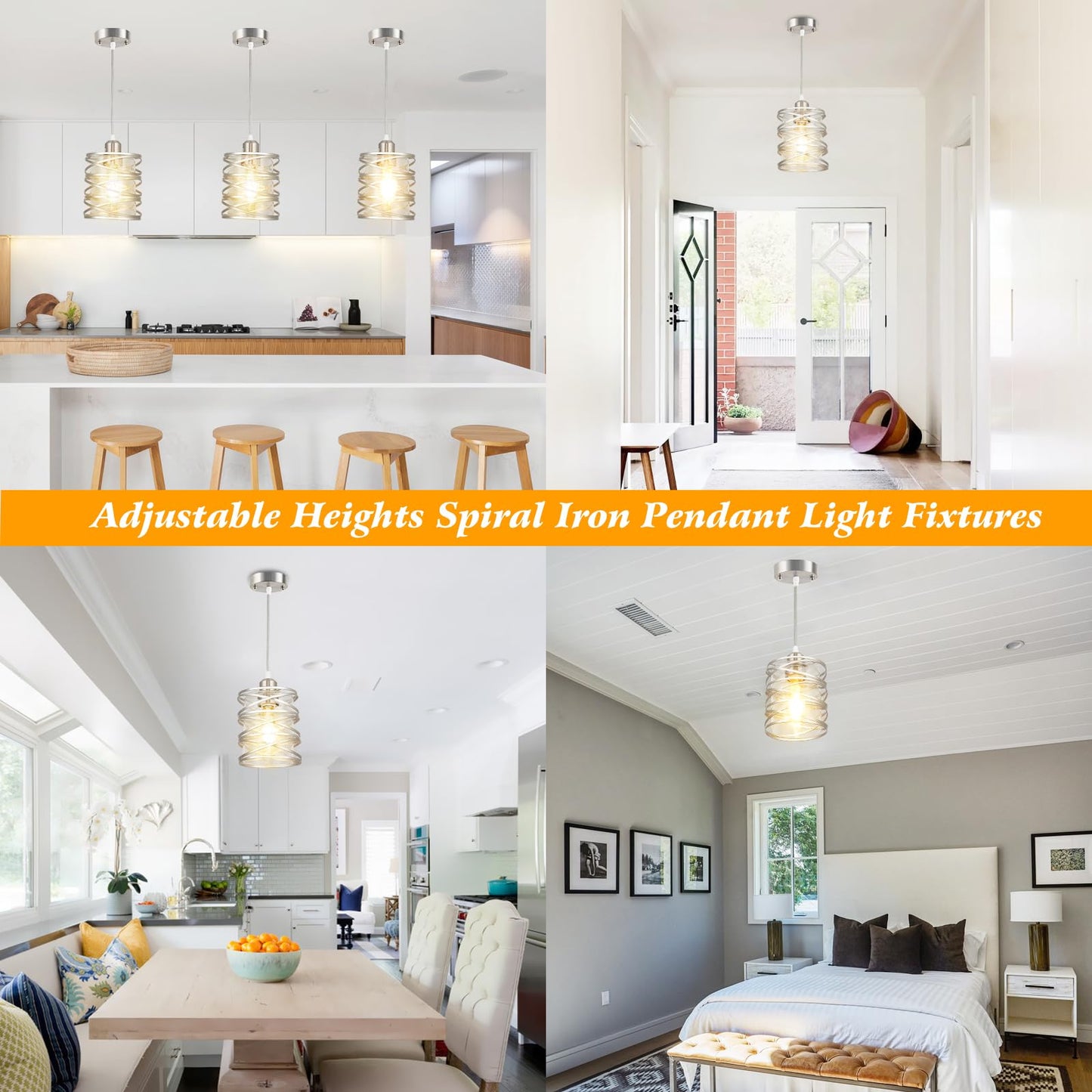 foucasal Brushed Nickel Pendant Light for Kitchen Island, Spiral Iron Pendant Light Fixtures with Seeded Glass Shade, Adjustable Height Hanging Pendant Lighting for Dining Room Hallway Kitchen Foyer