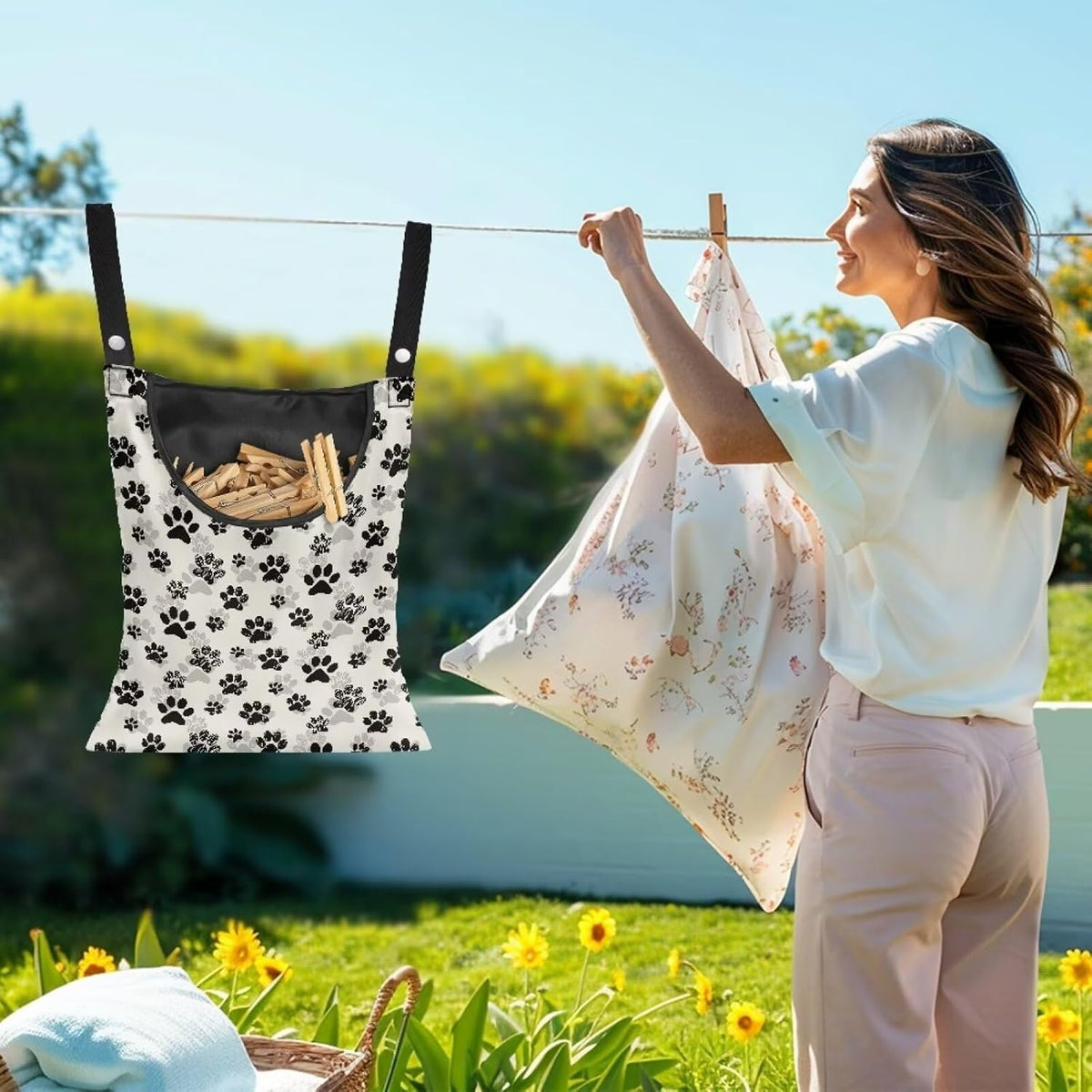 Dog Paw Print Clothespin Bag with Hanging Hook Summer Laundry Clothes Pin Holder Waterproof Clothes Pin Hanging Bag Clothespin Storage Organizer with Large Opening