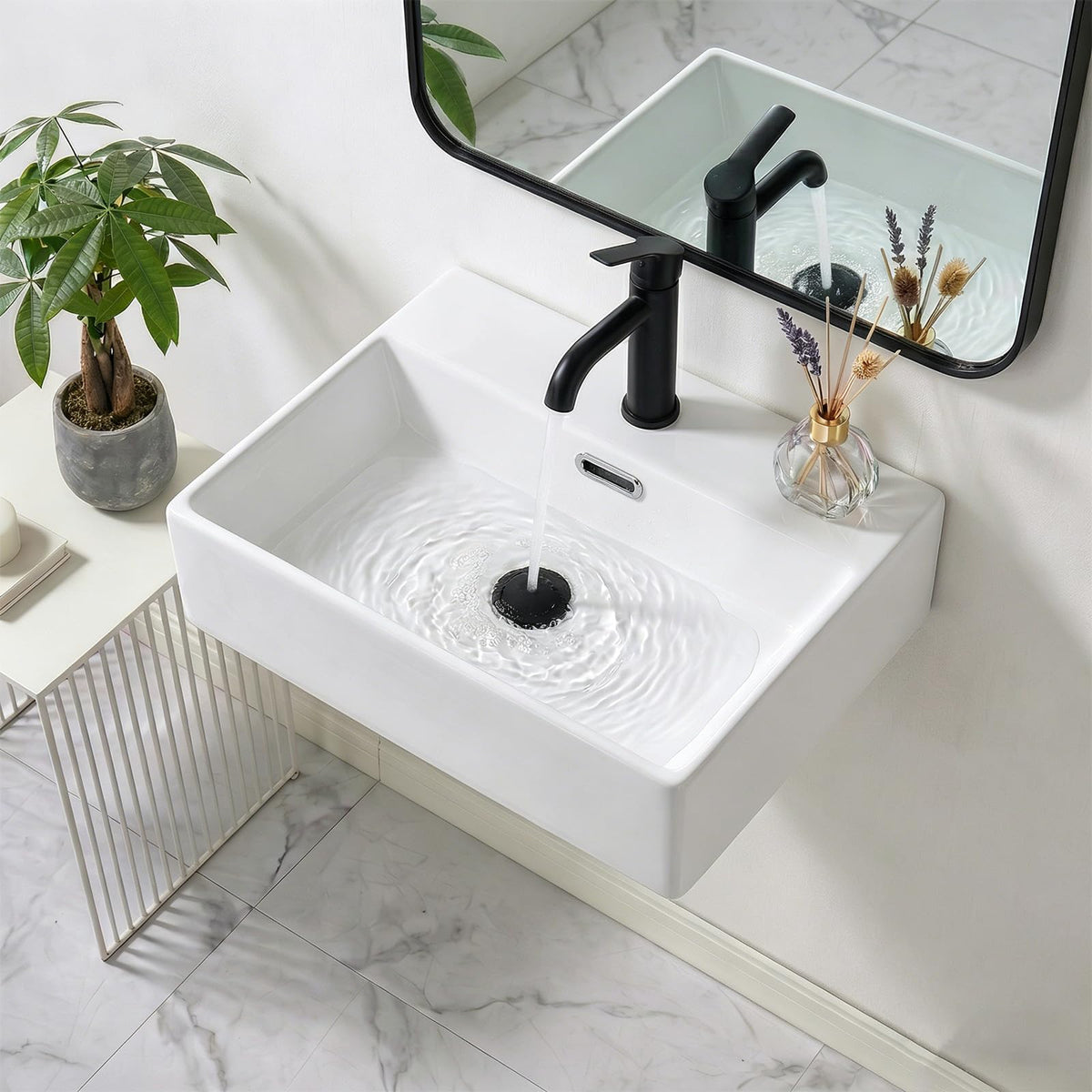 20 x 14 Inch Wall Mounted Bathroom Sink, NOHALIPY Modern White Rectangular Porcelain Floating Vessel Sink with Overflow, Corner Mount Ceramic Bathroom Sink for RV, Restroom and Toilet, Easy to Install