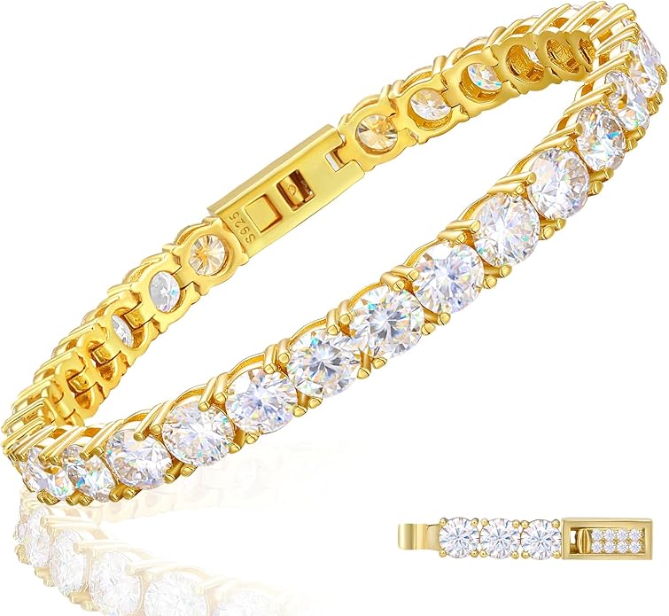 TUHE Moissanite Tennis Bracelet 5.0-21.0CT 18K Gold Plated 925 Sterling Silver Bracelets 3/4/5MM D Color VVS1 Round Lab Created Moissanite Bracelet for Women Men 6-8.5 Inch Jewelry Valentines Gifts