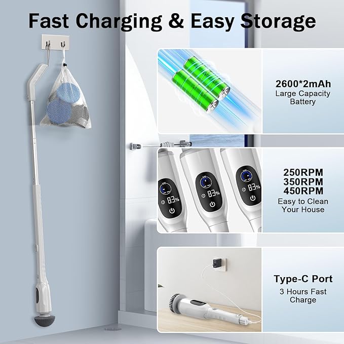 Electric Spin Scrubber, 2025 Upgraded Cordless Bathroom Scrubber, Aluminum Alloy Telescopic Handle, Shower Cleaner Brush with LED Display, 3 Speeds, 8 Brush Heads, IPX7 Bathtub Electric Cleaning Tool