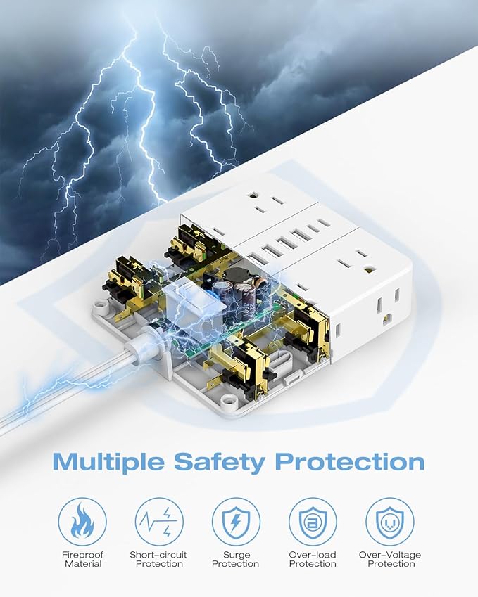 25FT Surge Protector Power Strip,12 AC Outlets with 6 USB Ports (2 USB-C), Flat Plug Extension Cord with Multiple Outlets, Wall Mount for Home Office,Dorm, White