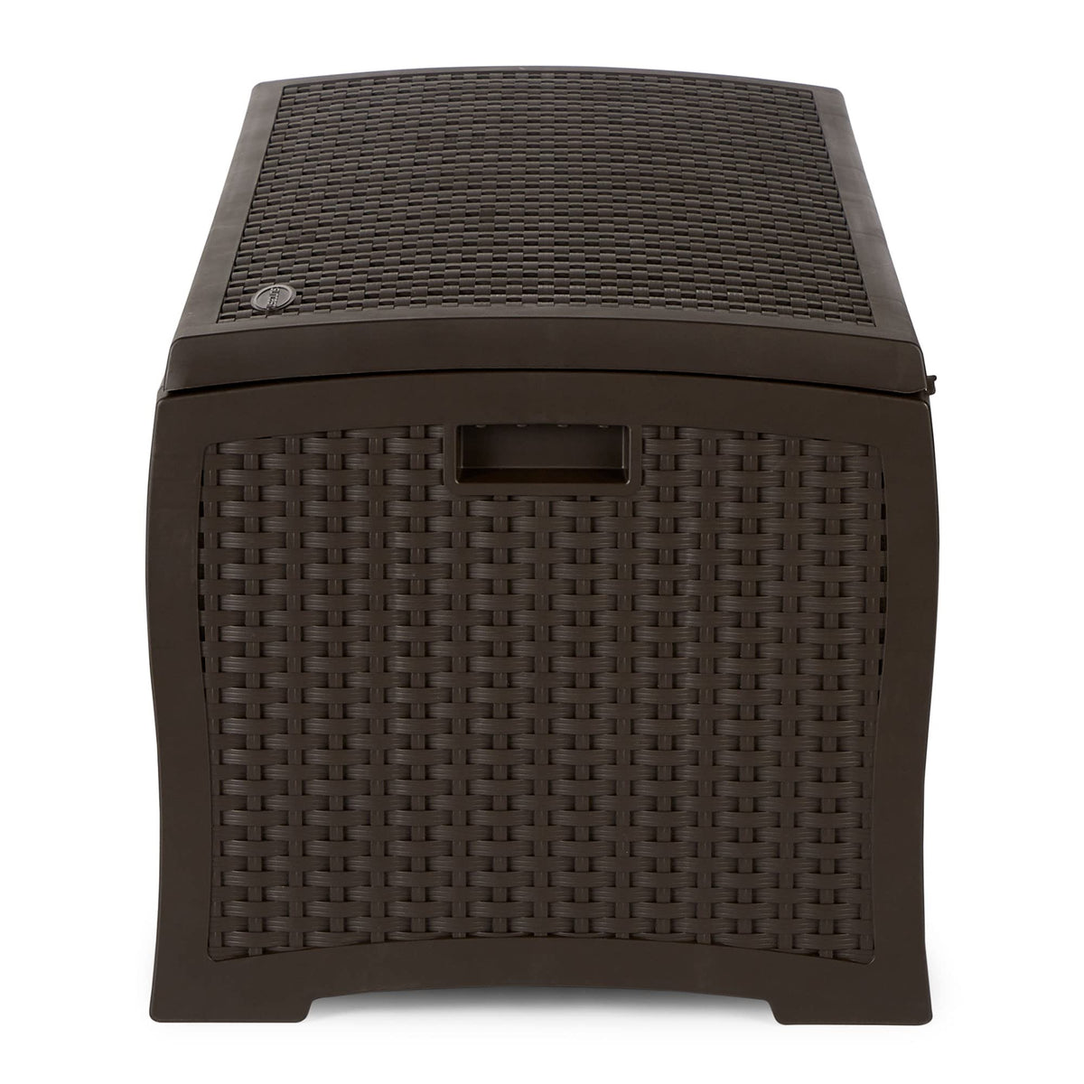 Suncast 73-Gallon Medium Deck Box - Lightweight Resin Indoor/Outdoor Storage Container and Seat for Patio Cushions and Gardening Tools - Store Items on Garage, Yard - Mocha Brown