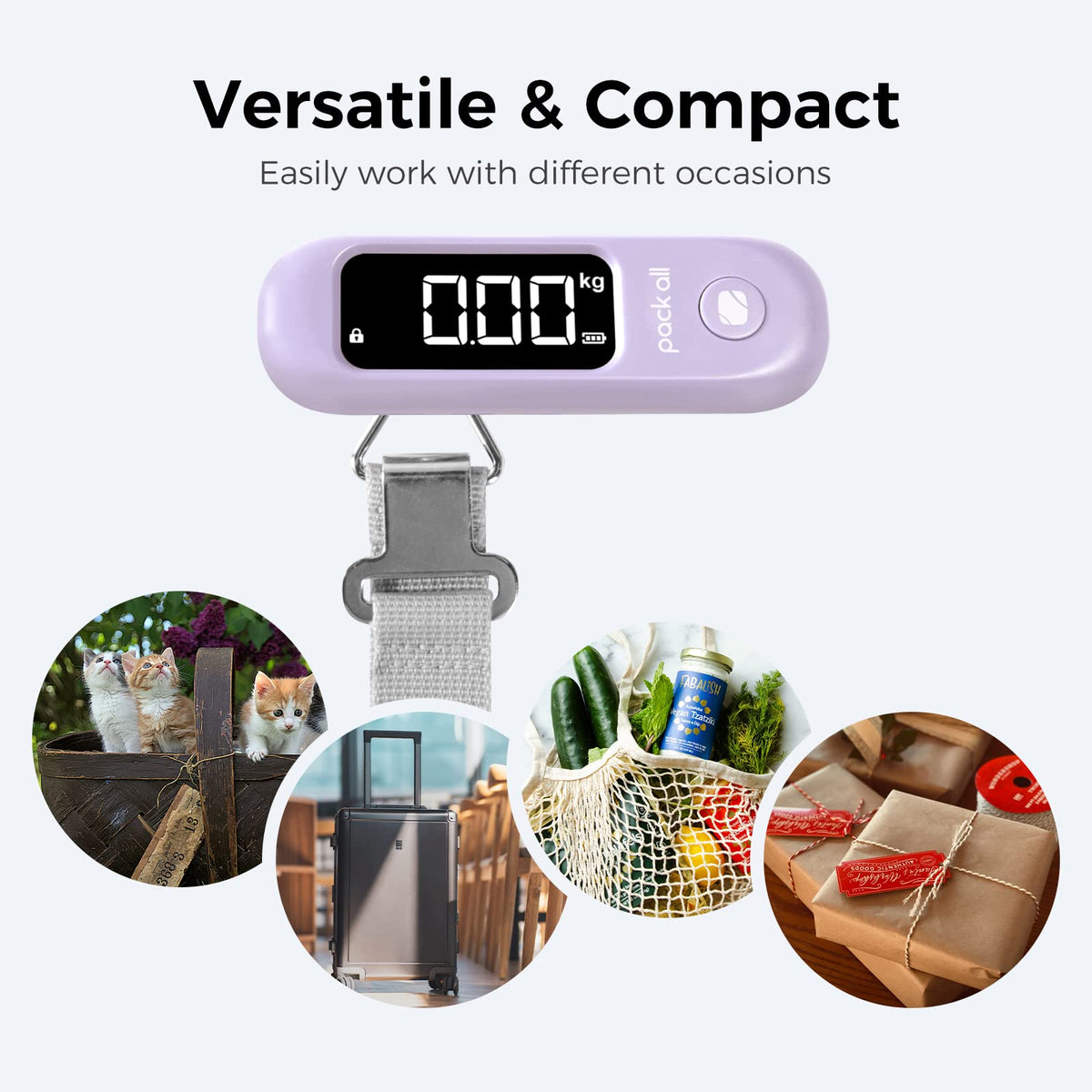 pack all 110 Lbs Luggage Scale, Digital Handheld Baggage Scale, Travel Suitcase Weight Scale with LCD Display, Battery Included, Purple