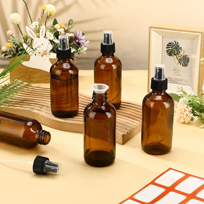 Norme 12 Pcs 8 oz Glass Spray Bottles with Funnels and Labels Refillable Cosmetic Empty Spray Bottles with Sprayer Containers for Essential Oil Cleaning Solutions(Amber,Stylish)