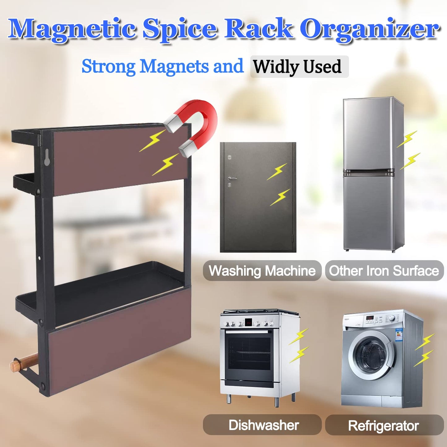 Dr.BeTree Magnetic Spice Rack for Refrigerator Magnetic Paper Towel Holder for Fridge Magnetic Shelf Magnetic Shelves Fridge Magnet Organizer Spice Rack Kitchen Organization Kitchen Storage Black
