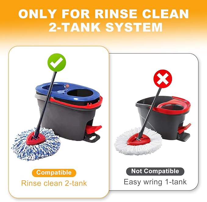 Mop Heads Replacements for OCedar RinseClean 2 Tank Spin Mop System, Mop Replace Head with 2 Microfiber Mop Head Refills, 2 Chenille Mop Pads,1 Scrub Brush, and 1 Mop Base Set Combo