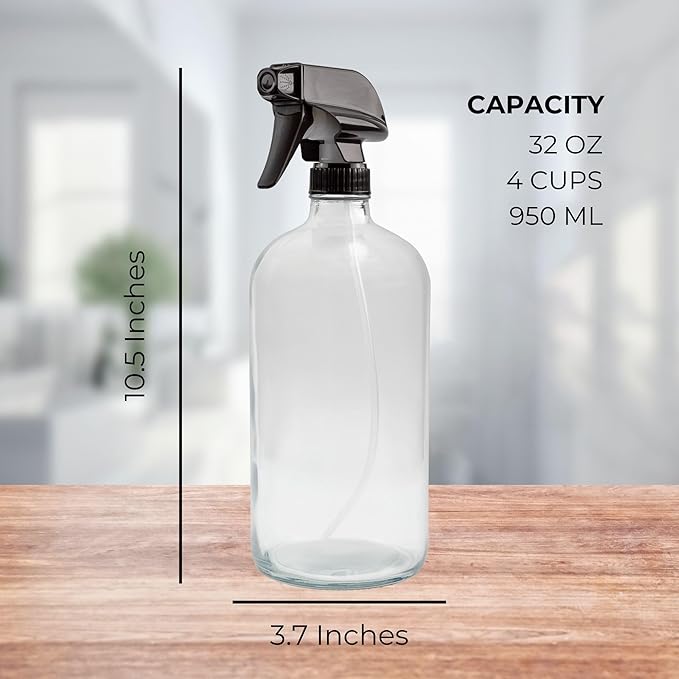 Cornucopia 32oz Glass Spray Bottles (2-Pack, Clear); Quart Bottles w/ 3-Setting Adjustable Trigger Sprayers; Includes Chalk Labels