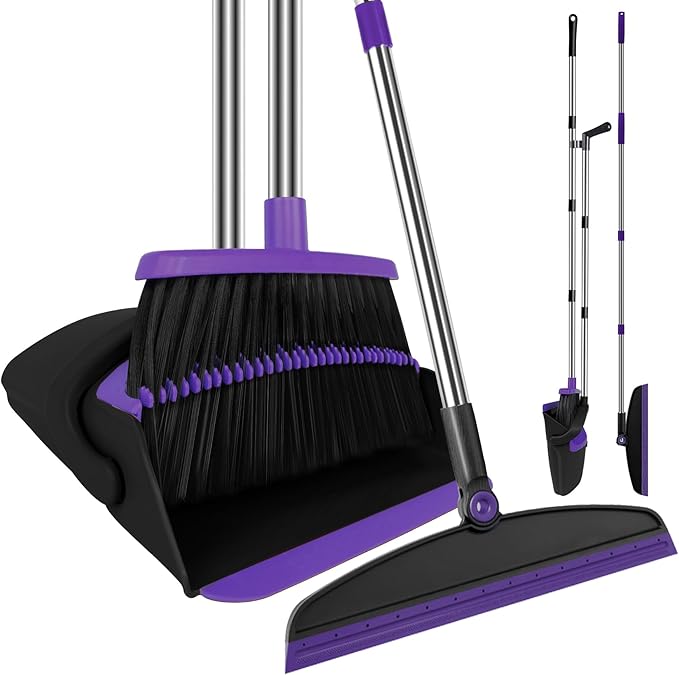 Broom with Dustpan Combo Set and Silicone Air Broom Kit, 51" Long Handle Floor Squeegee, Purple Household Kit for Glass Window Rugs Pet Hair Home