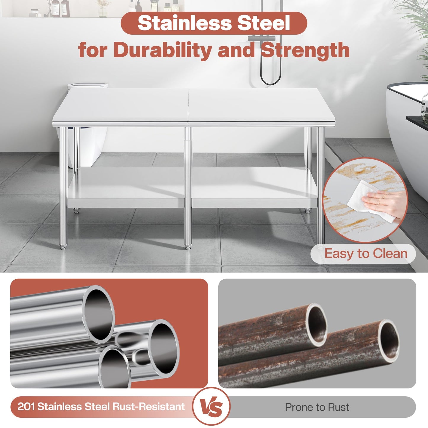 Jocisland 30" x 72" Stainless Steel Table for Prep & Work, Food-Grade Stainless Steel Adjustable Under Shelf and Feet, for Commercial Kitchen, Restaurant, Hotel, Garage