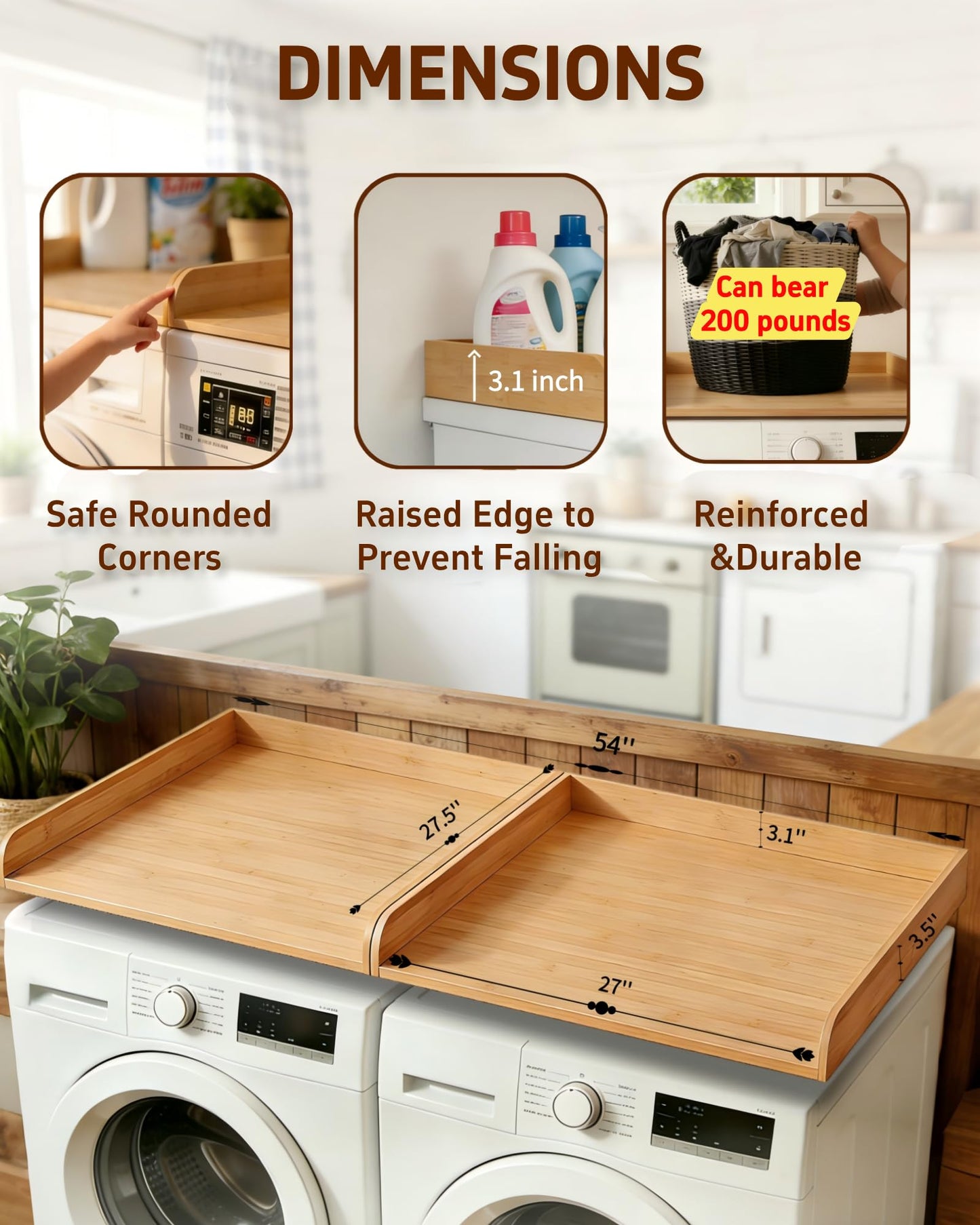 UTCG Washer Dryer Countertop Wooden: Washer and Dryer Shelf Top Cover 27.5x54 Inch No-Installation Countertop Set of 2 - Generation Farmhouse Homeowners & Laundry Room Organization - Bamboo