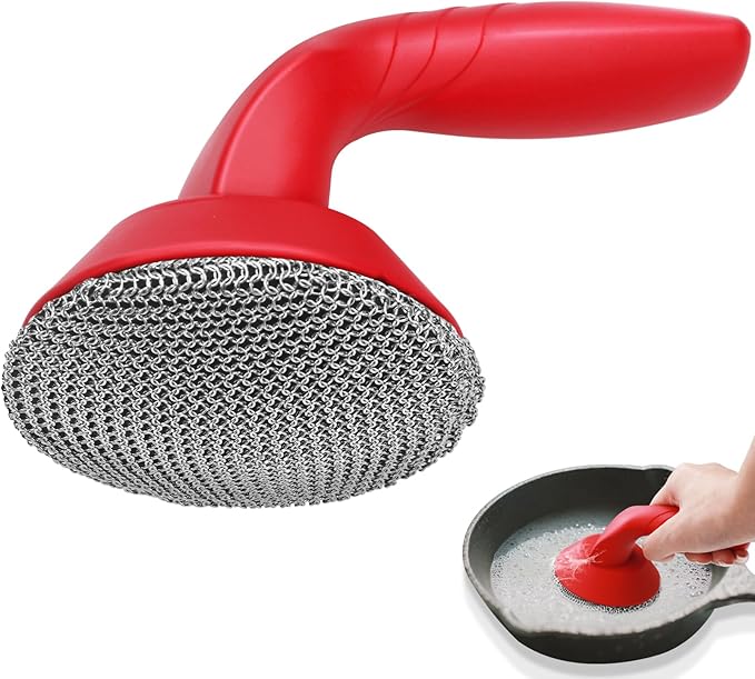 Cast Iron Cleaner Scrubber with Handle -3mm Welded Chain Mail Cast Iron Scrubber Brush-Chainmail Sponge Scrub Cleaning Tool to Clean Skillets, Pan,Griddle, Wok, Dutch Oven