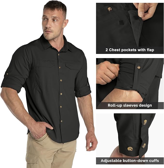 33,000ft Men's Long Sleeve Hiking Shirts Lightweight Quick Dry Sun Protection UV UPF 50 Fishing Shirt Outdoor Safari Travel