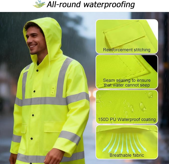 High Vis Rain Jacket, High Visibility Rain Suit for Men Women, Waterproof Rain Coat with Hood, Class 3 Lightweight Hi Vis Rain Gear for Outdoor Activities& Safety Work, Yellow Long, L