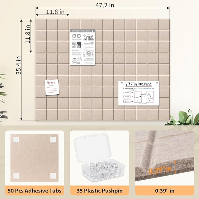 Smarpau Felt Bulletin Boards 48"x36", 12 Pack Large Cork Board for Walls, Pin Board with Removable Adhesive Tabs Pushpins, Cork Wall Tiles for Office Home Classroom