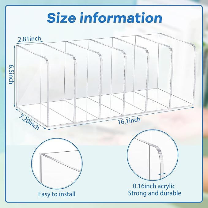 Suzile Clear Acrylic Magazine File Holder with Vertical Compartments Desk Organizer Book Rack for Desk Sorter Paper Folder Office Accessories(Clear,16.1 x 7.2 x 6.5 Inch)