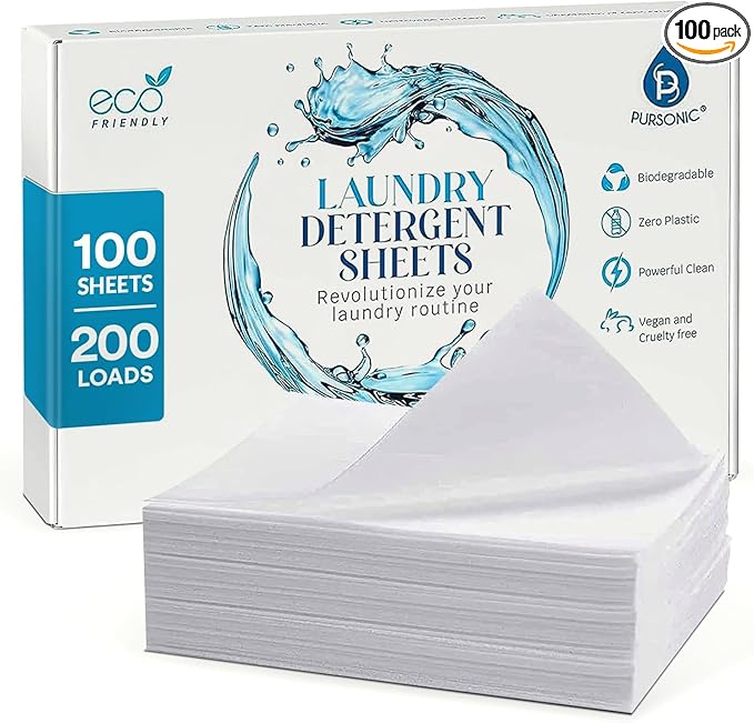 Pursonic Eco Laundry Detergent Sheets - 100 Sheet (200 Loads) Natural Zero Plastic Laundry Sheets with Powerful Cleaning Power - Travel Essentials, Quick-Dissolving & Mess-Free (Fresh Linen)