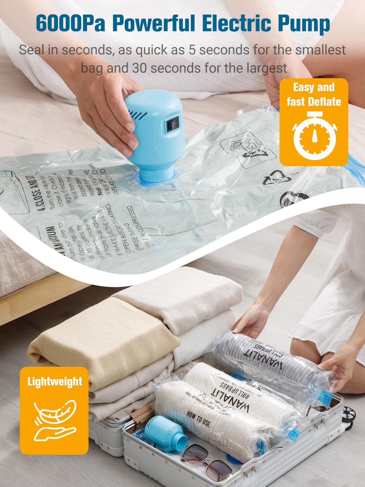 Vacuum Storage Bags with Electric Air Pump, New Air Valve Combo 15 Pack Compression Bag, Space Saving Vacuum Sealer Bags for Clothes, Blanket, Duvets, Pillows, Comforters, Travel, Two Compressing Ways