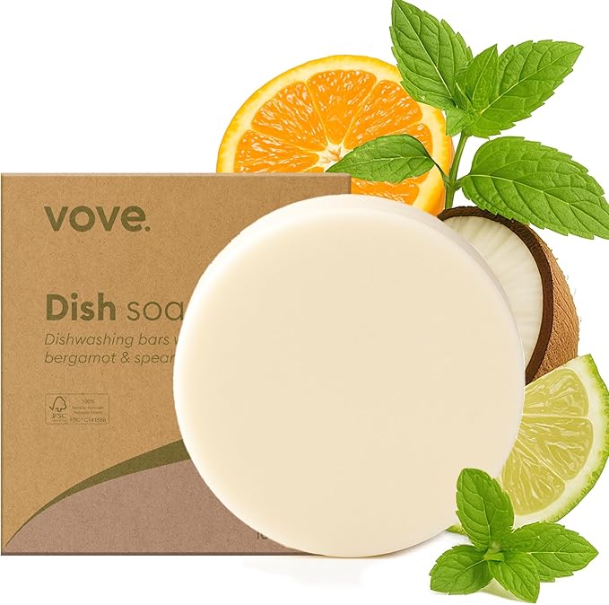 Vove Dish Soap Bar, Coastal Citrus Mint, Mandarin, Spearmint, Cypress & Bergamot Oils, Coconut Cleanser, Plant-Based Solid Dish Soap, Plastic-Free Kitchen Cleaner, FSC-Certified Packaging, 1 Bar