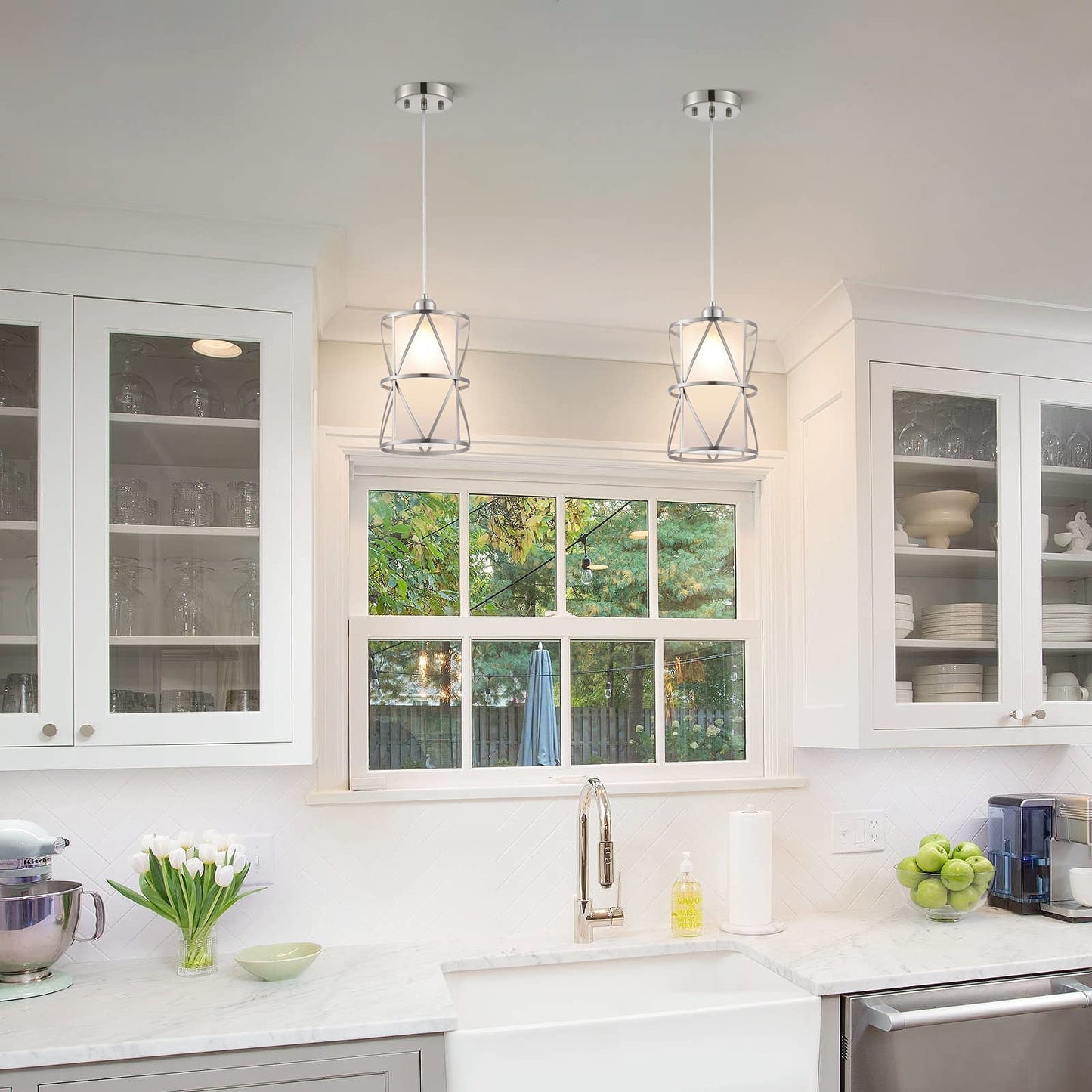 Zlierop Pendant Lights Kitchen Island with Frosted Glass, Brushed Nickel Hanging Kitchen Lights, Cylindrical Modern Pendant Light, Kitchen Pendant Lighting Over Island, Foyer, Dining Room, Entryway