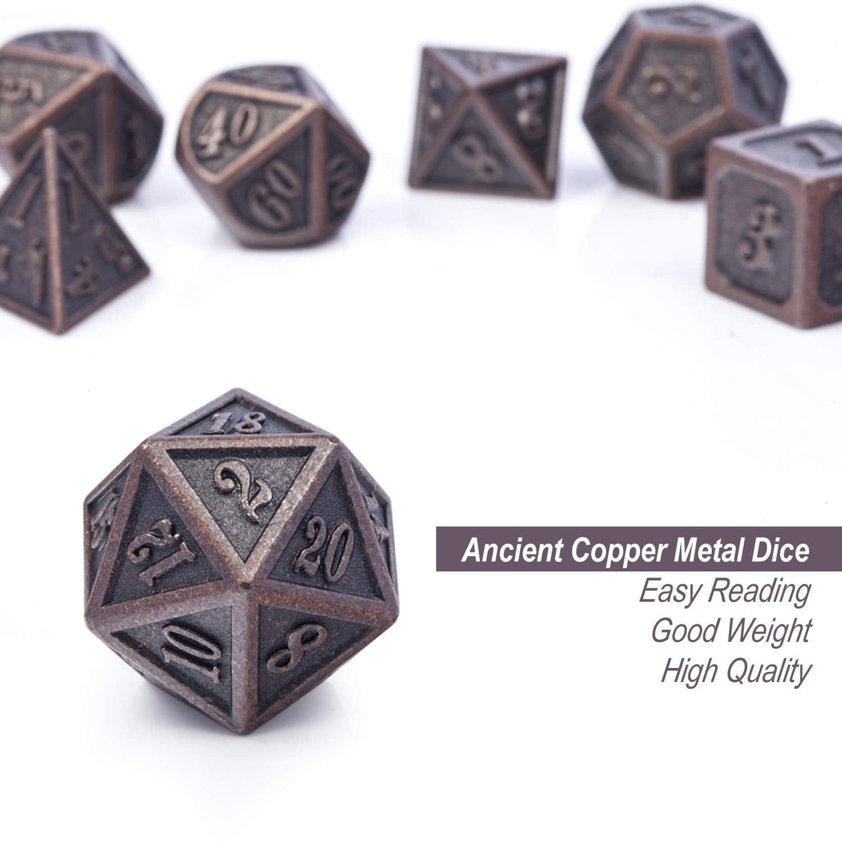 D&D Metal Dice Set, DNDND 7PCS Metallic Ancient Copper Dice with Metal Case for DND Dungeons and Dragons Table Games Roly Playing Rolling