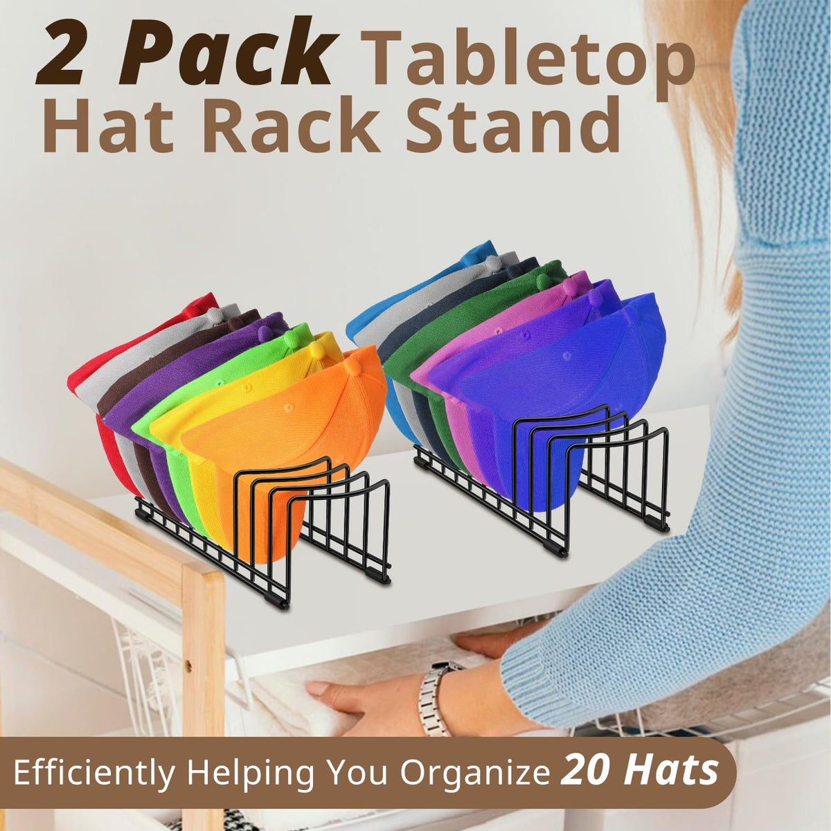 2 Pack Hat Stand for Baseball Caps, Ginyoyo No Install Hat Organizer for 20 Baseball Caps, Tabletop Hat Rack Stand with Anti-slip Pads, Hat Holder Hat Display for Closet, Desktop, Dresser,Office-Black