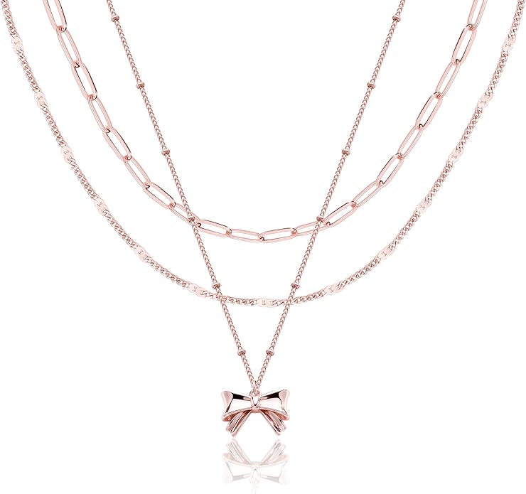 Layered Gold Necklaces for Women, Stackable Dainty 14K Gold Silver Plated Trendy Simple Heart Diamond Cross Bow Circle Pendant Paperclip Choker Dot Chain Necklace,Jewelry Set Gifts for Women