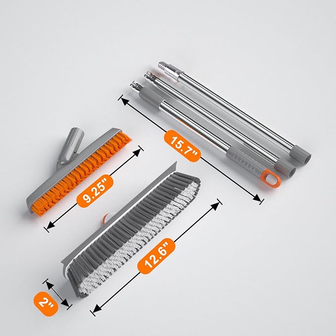 Heavy Duty Floor Scrub Brush and Grout Cleaner Set with Long Handle & Wide Floor Brush with Stiff Bristles Outdoor Scrubber for Cleaning Deck Tile Kitchen Swimming Pool Bathroom(2 Pack Brush Head)