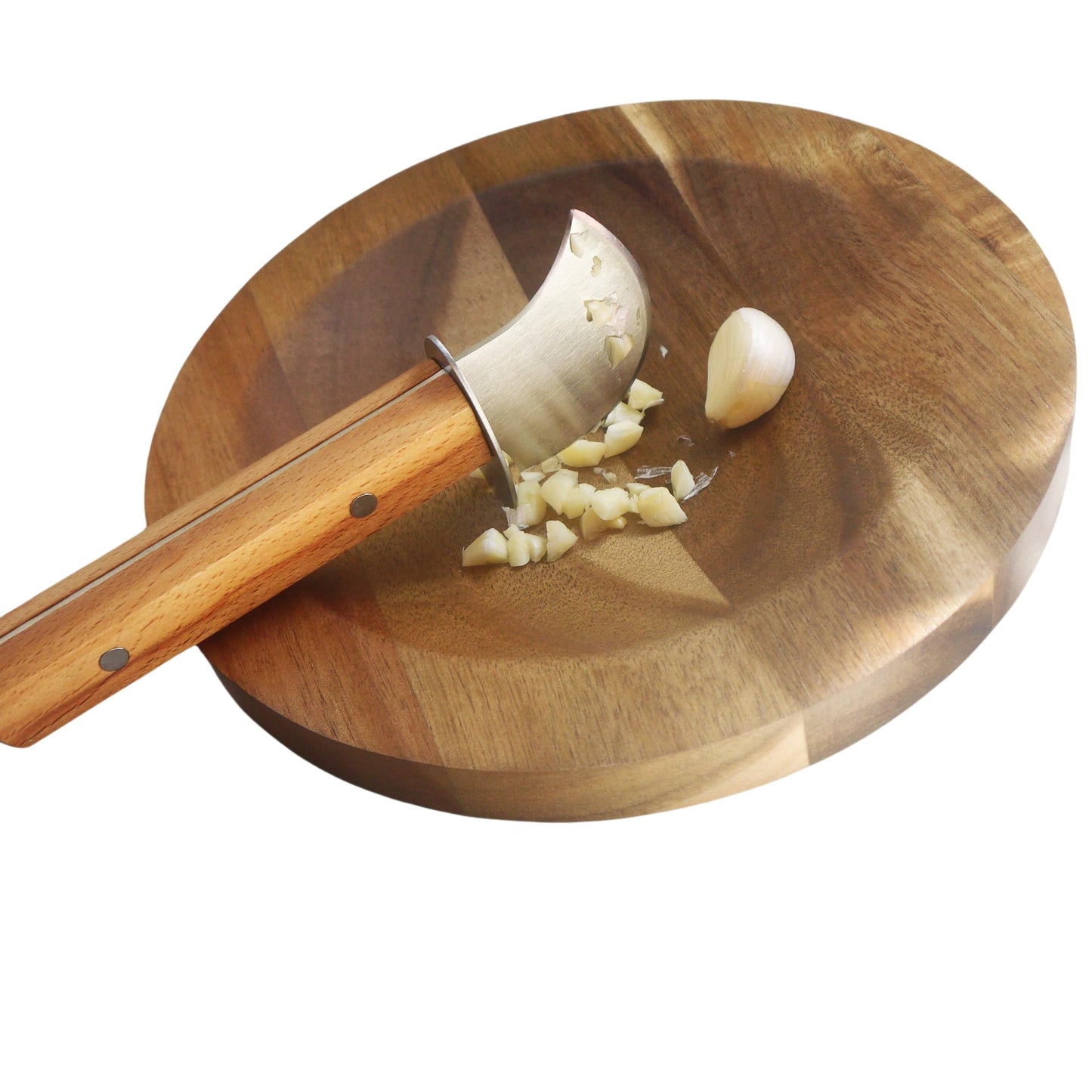 TLIOCAS Round Mezzaluna Cutting Board 8" Charcuterie Gourmet Serving Board with One Handed Rocker Knife for Steak,Cheese,Small Veggie n Fruits