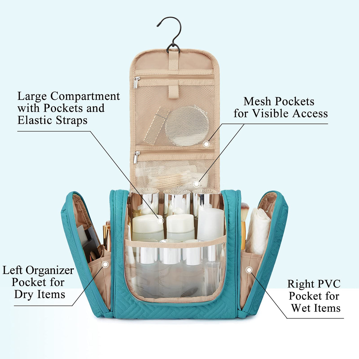 BAGSMART Large Travel Toiletry Bag for Women, Hanging Toiletry Bag with Hook, Travel Cosmetic Makeup Bag Travel Organizer for Accessories, Shampoo, Full Sized Container, Toiletries,Blue-Large