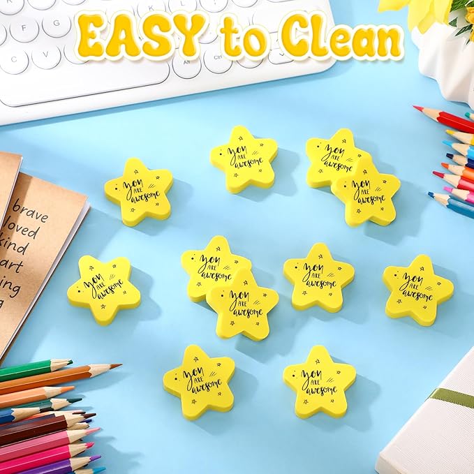 Spakon 25 Pcs Inspirational Star Erasers for Kids Bulk Cute Back to School Erasers 1.57" Fun Eraser for Classroom Prize You're A Star Yellow Motivational Gift for School Student Rewards