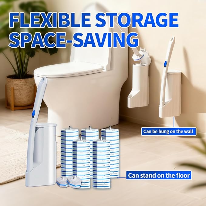 Disposable Toilet Brush Set with 60 Replacement Heads, Toilet Cleaning Replacement Pads, Starter Kit with Storage Case for Deep Cleaning and Hygienic Bathroom Maintenance