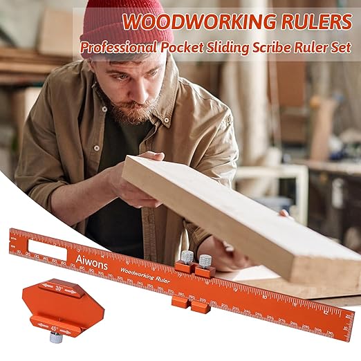 Woodworking Ruler Pocket Rule -12/8/6 Inch Precision Pocket Ruler with 45°& 30°Metal Slide Stop - Wood Marking Ruler Metric Inch Measuring Scribing Rulers - Aluminum Alloy Square Ruler