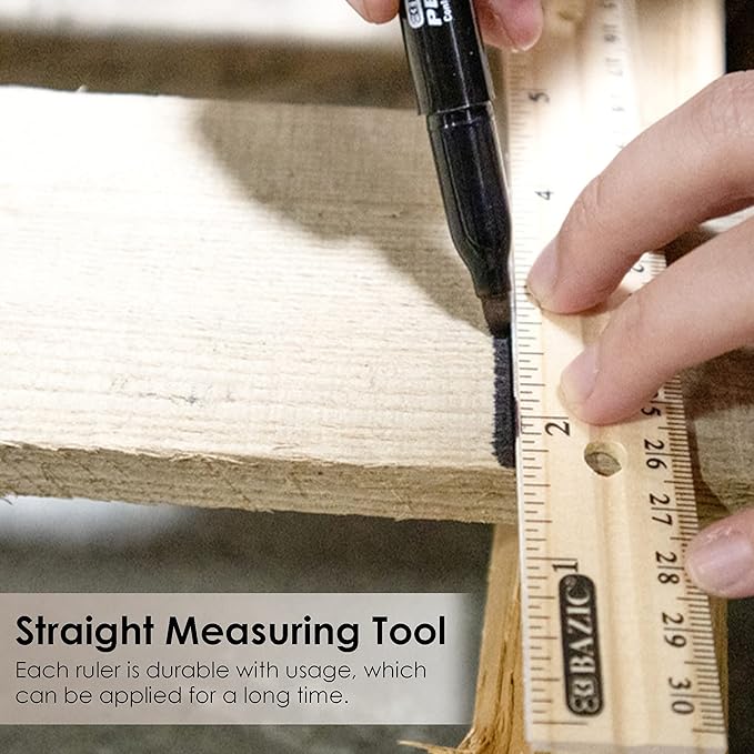 BAZIC Wooden Ruler 12" (30cm), Singel Metal Edge, Inches Centimeter Metric Measuring Drafting Rulers, for Students School Supplies (3/Pack), 24-Packs