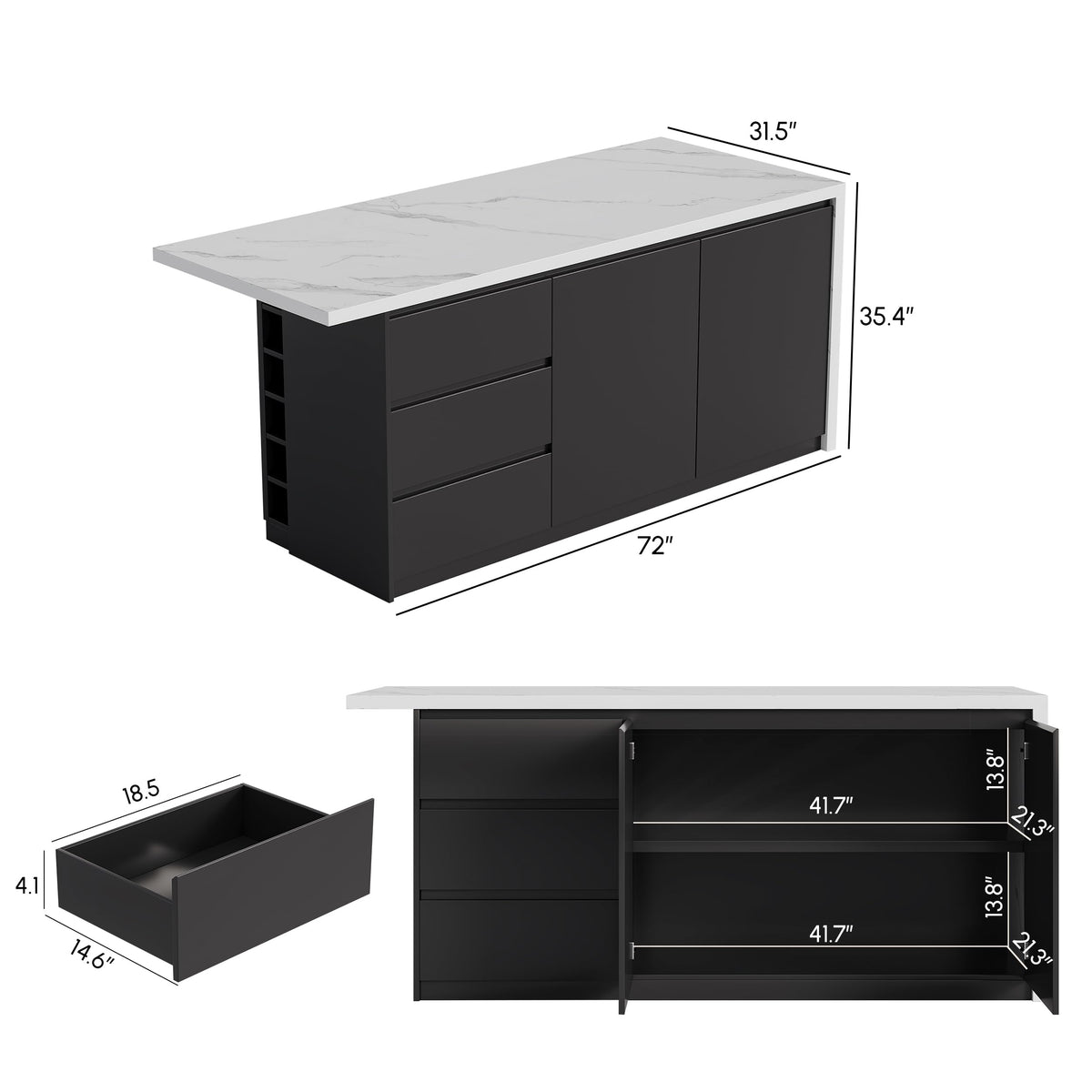 homary Kitchen Island with Storage & Wine Rack, 72" Modern Black Kitchen Cabinet with Wood Top, Large Fixed Island with 3 Drawers & 6 Adjustable Shelves, Without Bar Stools