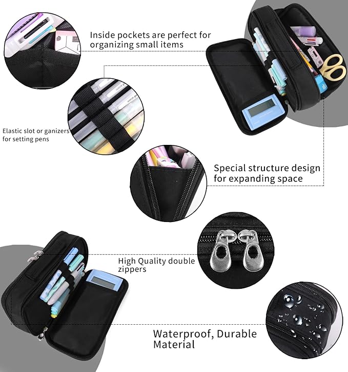 Pencil Case Pen Bag Holder Pouch Large Handle Big Capacity Desk Organizer Storage Marker Box Stationary Makeup Cosmetic Double Zippers for School Office Students Teen