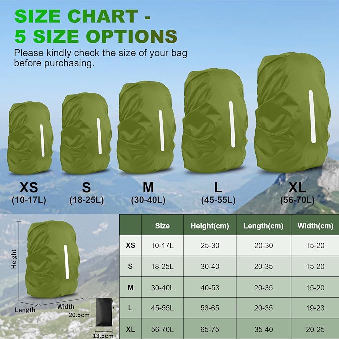 LAMA 2 Pack Waterproof Rain Cover for Backpack, Reflective Rucksack Rain Cover for Anti-Dust/Anti-Theft/Bicycling/Hiking/Camping/Traveling,L Size (for 45L-55L backpack), 1 Pcs Black + 1 Pcs Army Green