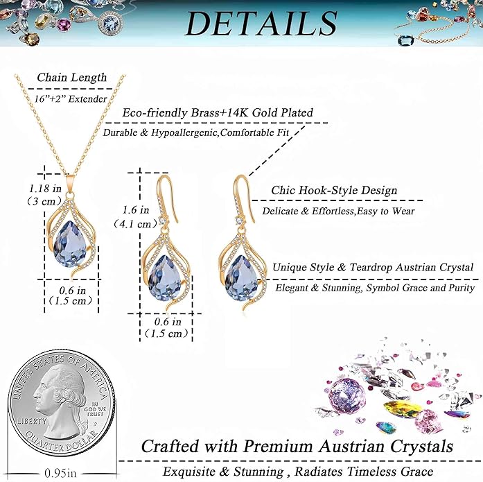 EVEVIC Austrian Crystals Teardrop Hollow Twisted Pendant Necklace Earrings for Women 14K Gold Plated Halo Drop Dangle Earrings Hypoallergenic Jewelry Set