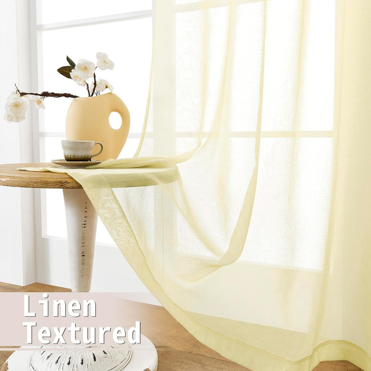 Tollpiz Sheer Door Curtains Closet Linen Textured Curtains Sheer Doorway Light Filtering Voile Rod French Door Pocket Curtain Patio Door, 25 x 72 inches Long, Transparent Yellow, Set of 1 Panel