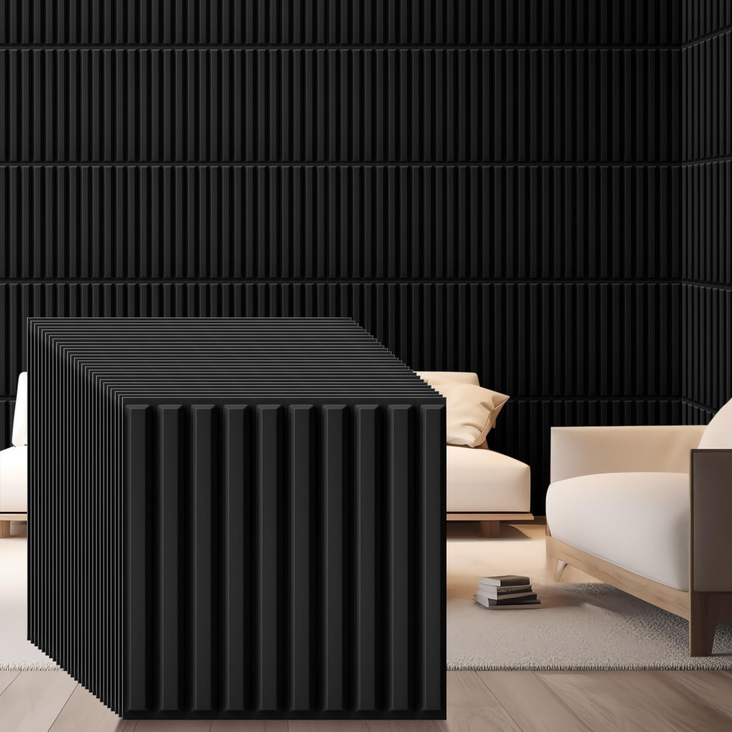 Nuanchu 32 Pcs 3D Wall Panels for Interior Wall Decor, 12''x12'' Fluted Textured Black Accent Tiles Waterproof Paintable for Living Room TV Background Bedroom Bathroom Gaming Room, 58 Sq. ft Coverage