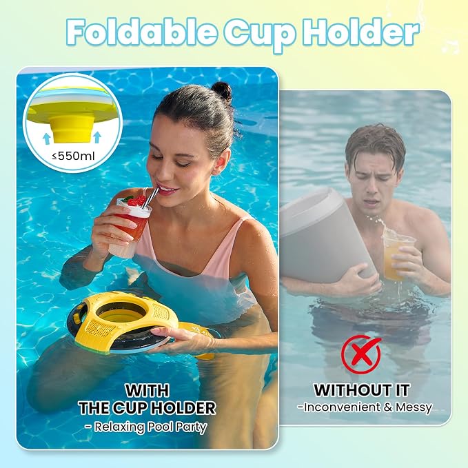 Mambobaby Float Bluetooth Speaker with Foldable Cup Holder, IPX7 Waterproof Bathroom Speaker, 360° Surround Sound, Colorful LED Lights, Dual Speakers, Ideal for Pool, Beach & Outdoor Use-Yellow Black