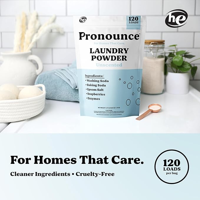 Pronounce Laundry Detergent Powder Alternative | Earth-Derived Ingredients, Eco-Friendly, Safer for Sensitive Skin, Eczema, and Babies. Stain + Smell Fighting. HE Safe (Unscented, 120 Loads)