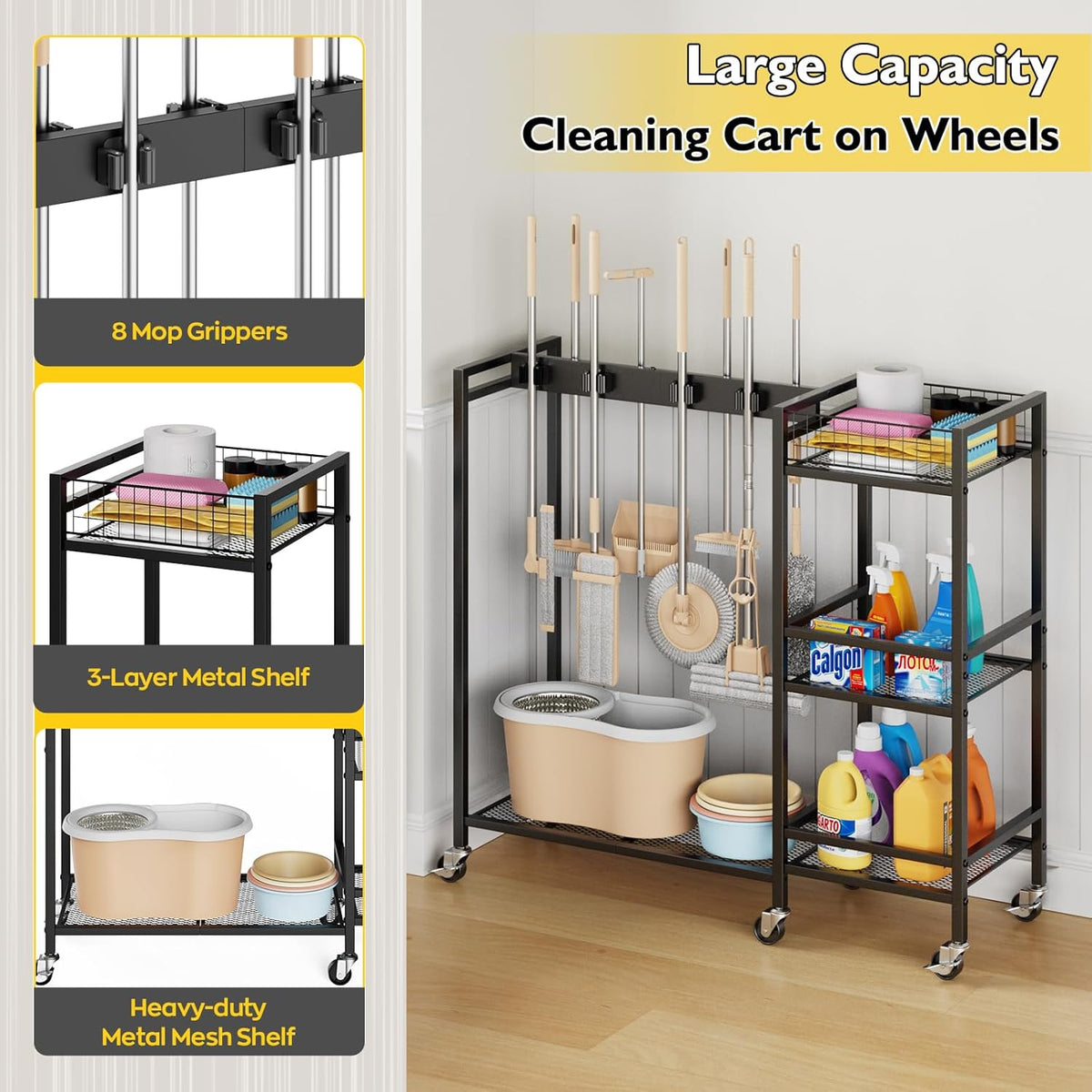 Broom Holder with Cleaning Supplies Organizer, Movable Broom Closet Storage Cabinet with Cleaning Caddy, Cleaning Cart with Mop Rack, Janitorial Housekeeping Cart on Wheels, Laundry Room Organization