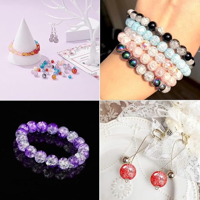 300pcs Crackle Glass Beads, 6mm and 8mm Black Crystal Glass Beads Round Loose Spacer Bulk Beads for DIY Craft Earring Necklace Bracelet Jewelry