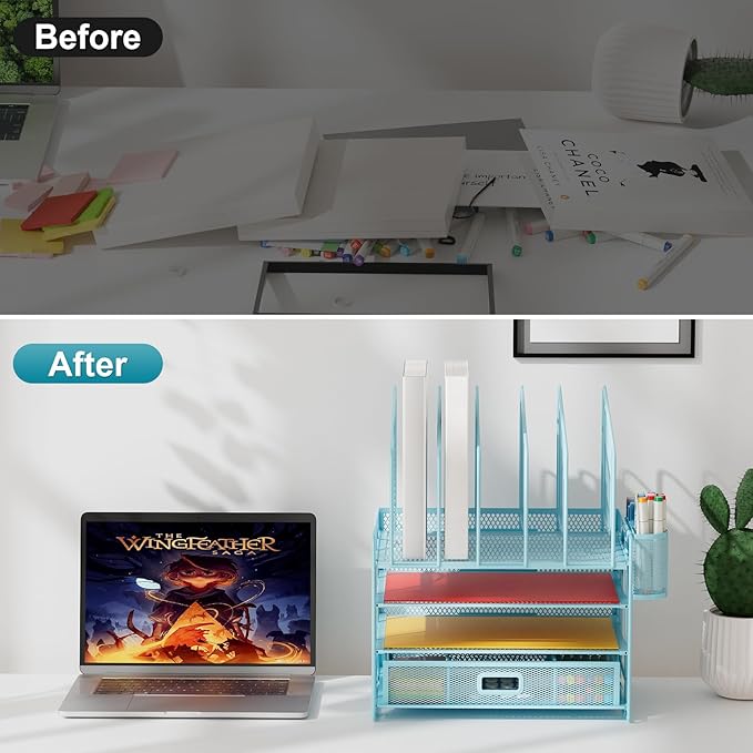 Marbrasse Desk Organizers, 4-Tier Mesh Desk File Organizer with 5 Vertical File Holders and 2 Pen Holders, Multifunction Desktop Organizer,Desk Organizers and Accessories for Home Office (Blue)