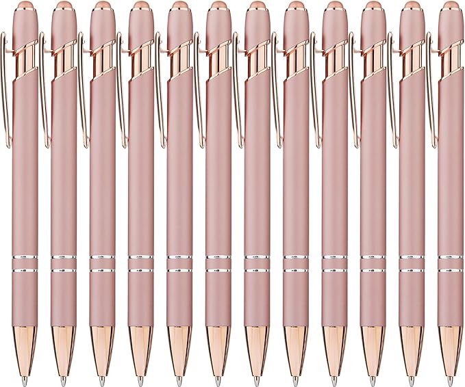 LINFANC 12 Pack Rose Gold Ballpoint Pen with Stylus Tip, 1.0 mm Black Ink Smooth Writing Pens, Metal Stylus Pens for Touch Screens